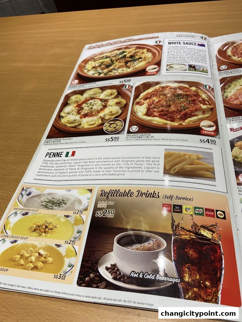A menu page from Saizeriya featuring pasta dishes, soups, and refillable drinks.