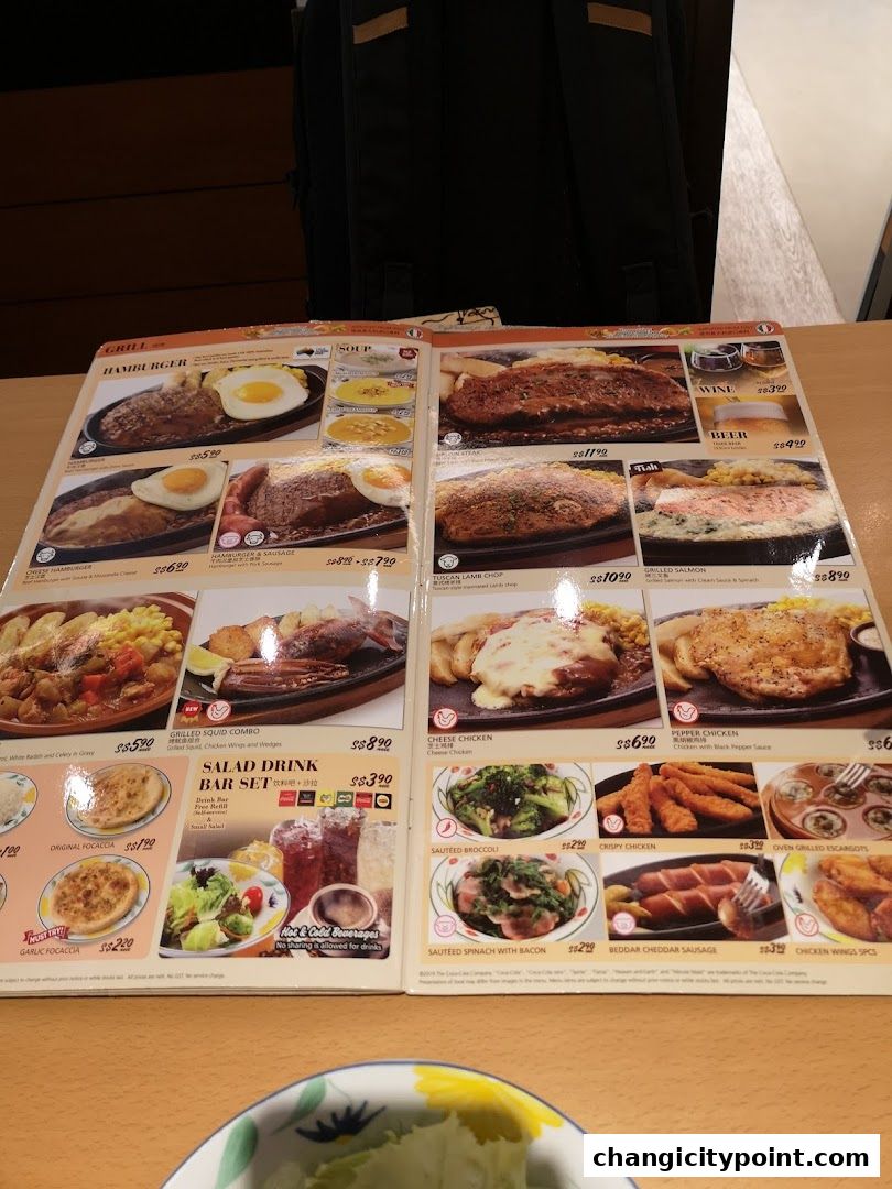 A menu from Saizeriya featuring various grilled dishes, soups, drinks, and sides.