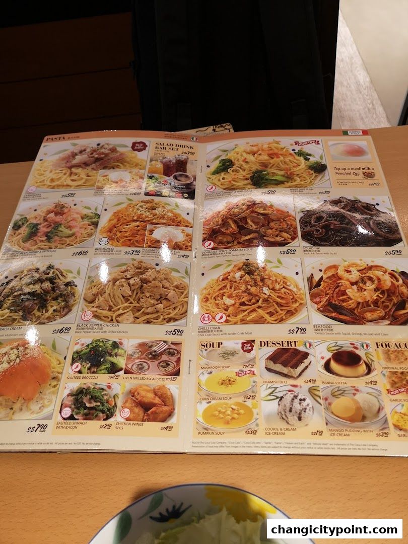 A menu from Saizeriya featuring pasta, soup, dessert, and side dishes with prices.