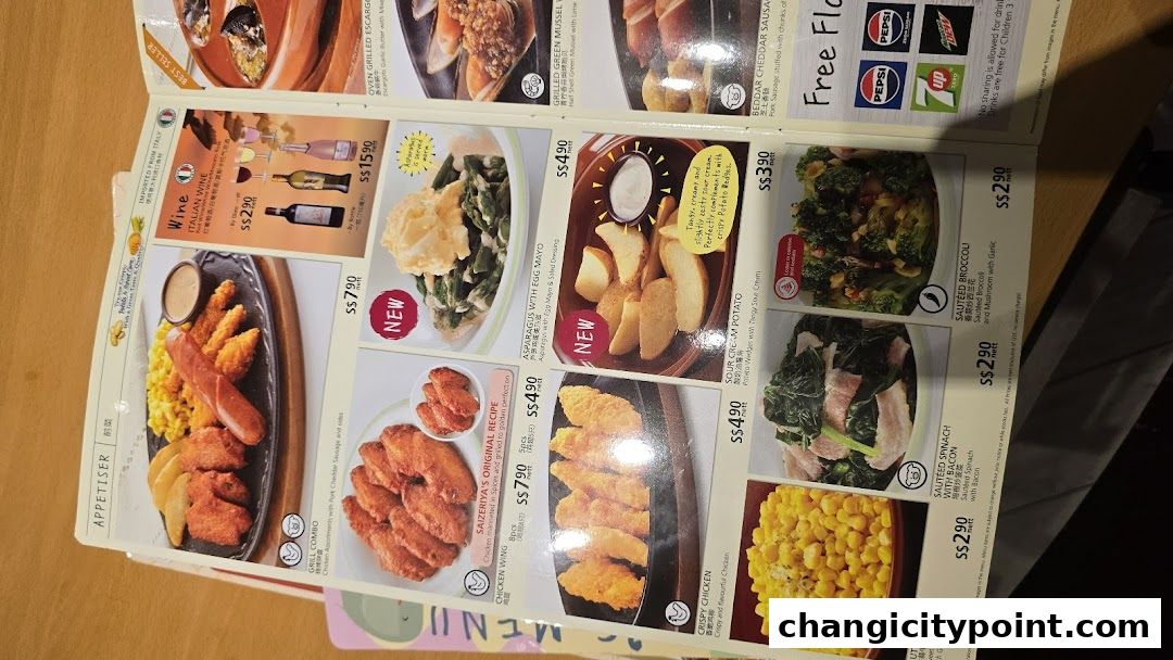 A menu from Saizeriya featuring various dishes like chicken wings, asparagus, and broccoli.