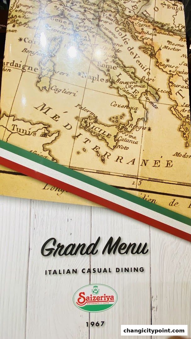 A menu for Saizeriya, an Italian casual dining restaurant, featuring a map of Italy.