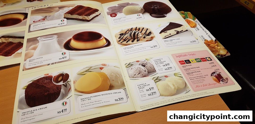 A menu page from Saizeriya featuring desserts and drinks with prices.