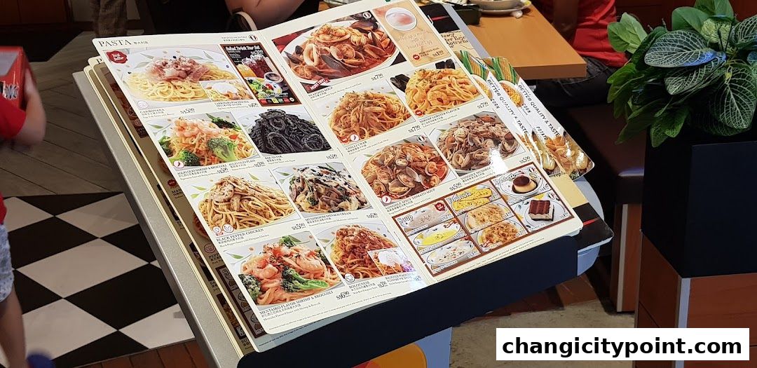 A menu displaying various pasta dishes with prices and images.