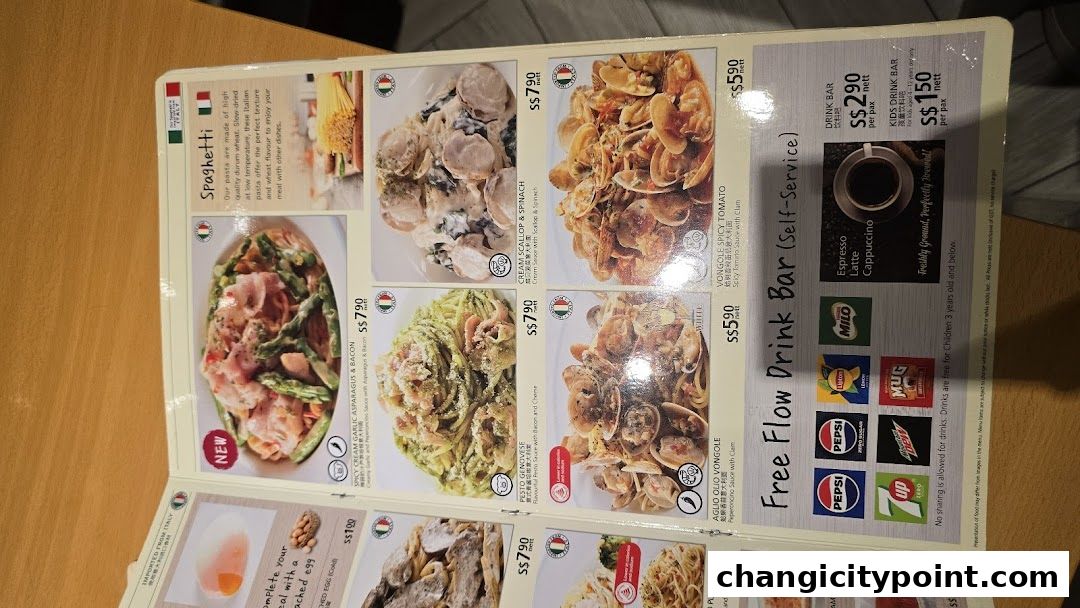 A menu from Saizeriya featuring pasta dishes, a drink bar, and a special offer.