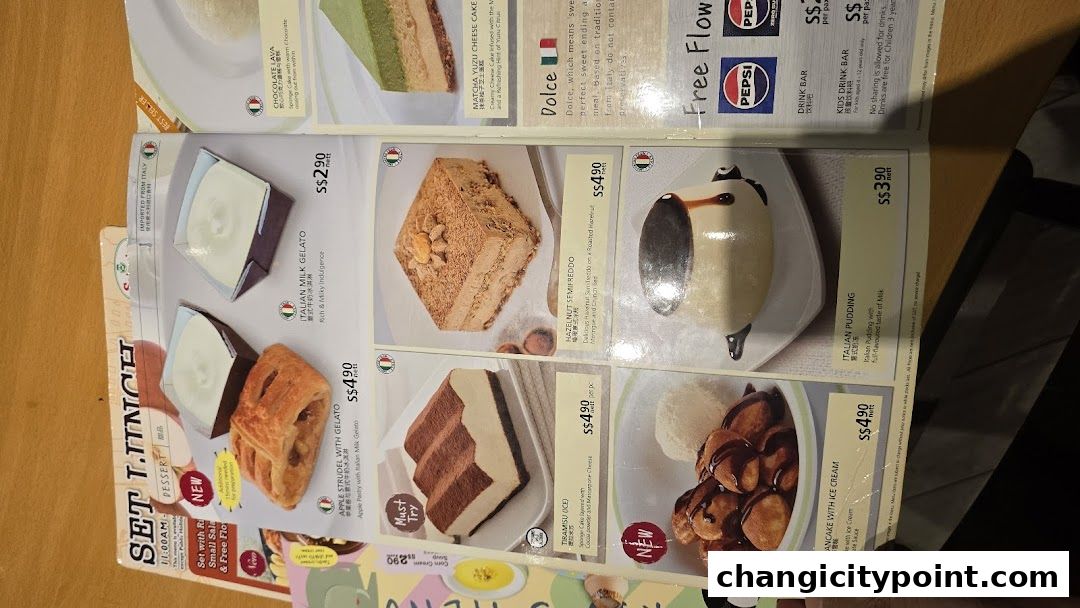 A menu from Saizeriya featuring desserts like gelato, cakes, and pancakes.