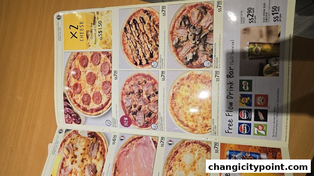 A menu showcasing various pizzas, a free flow drink bar, and drink prices.