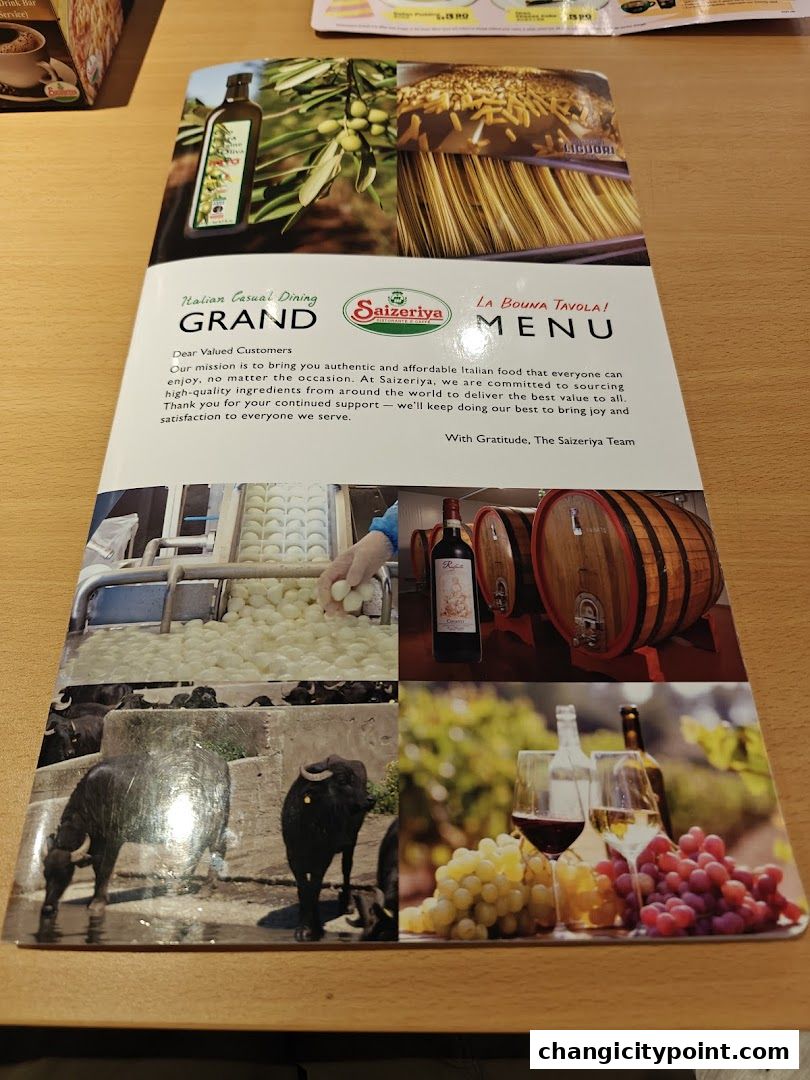 A Saizeriya menu showcasing Italian casual dining with images of ingredients and dishes.