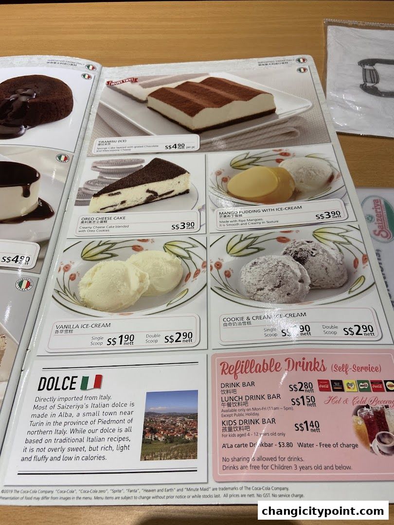 A menu page from Saizeriya featuring desserts and drinks with prices.