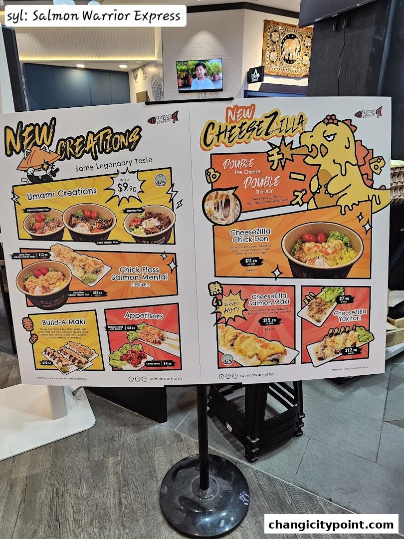A menu board displaying new creations and CheeseZilla dishes from Salmon Warrior Express.