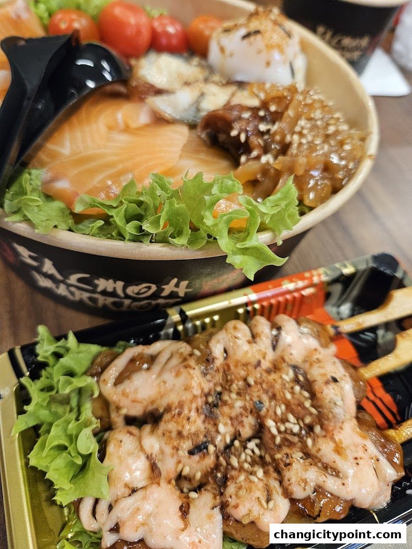 Close-up of delicious salmon bowls and skewers from Salmon Warrior Express.