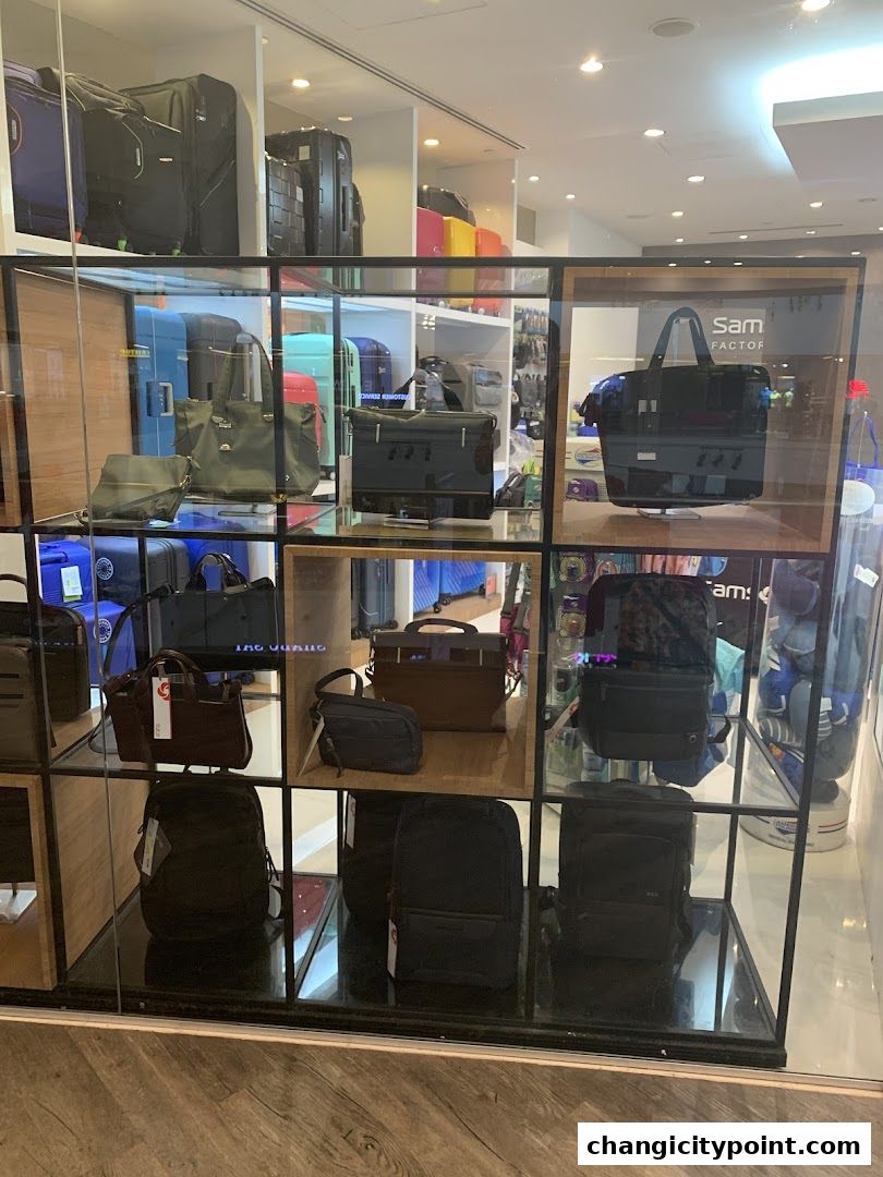 Samsonite Factory Outlet display showcasing various luggage, bags, and backpacks.