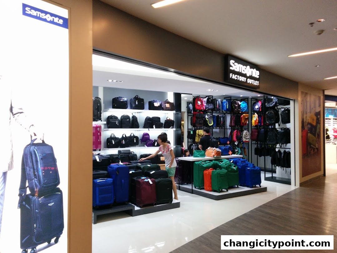Samsonite Factory Outlet shop displaying a wide variety of luggage and bags.