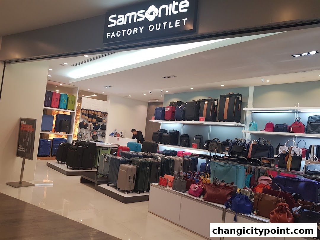 Samsonite Factory Outlet shop displaying a wide variety of luggage and bags.