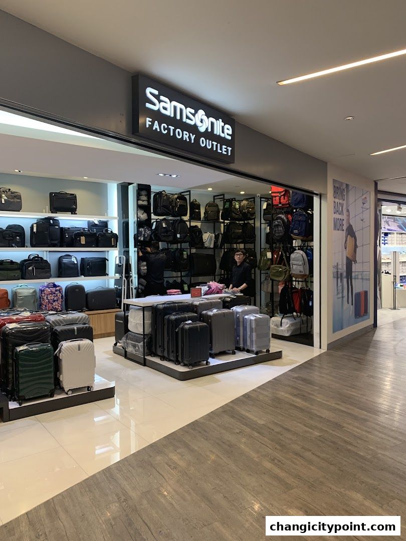 Samsonite Factory Outlet shop displaying various luggage and bags.