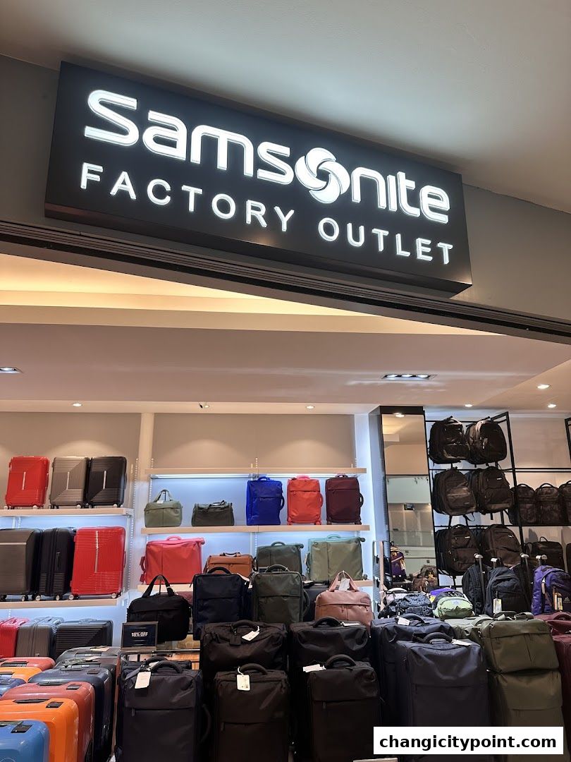 Samsonite Factory Outlet shop front displaying a wide variety of luggage and bags.