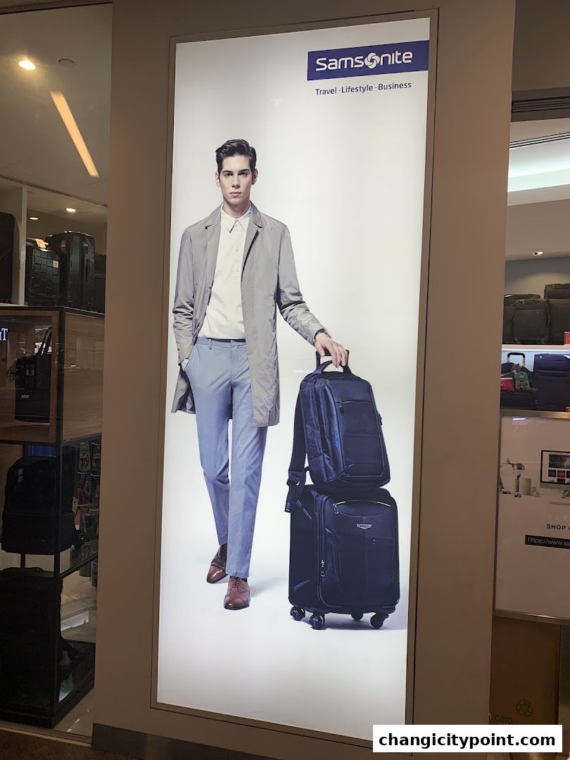 Samsonite advertisement featuring a model with luggage, promoting travel, lifestyle, and business.