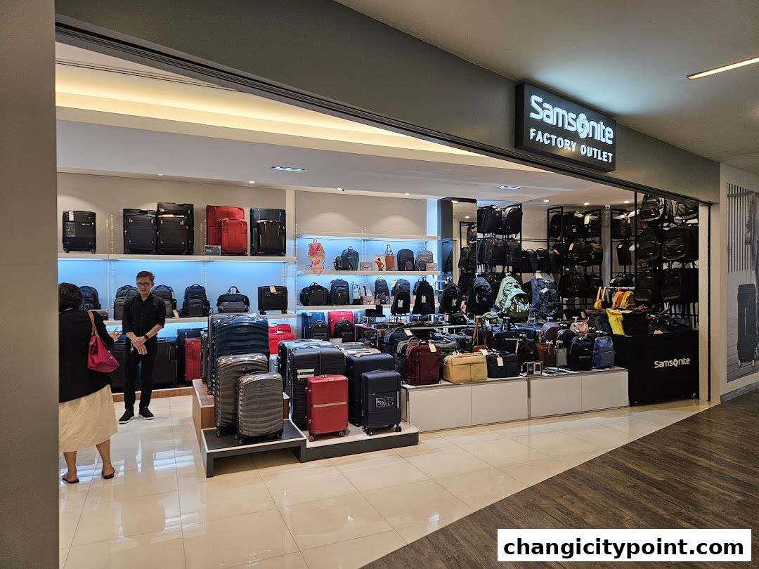 Samsonite Factory Outlet shop displaying a wide variety of luggage and bags.