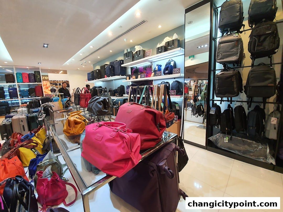 Interior view of a Samsonite Factory Outlet store showcasing a wide variety of luggage and bags.