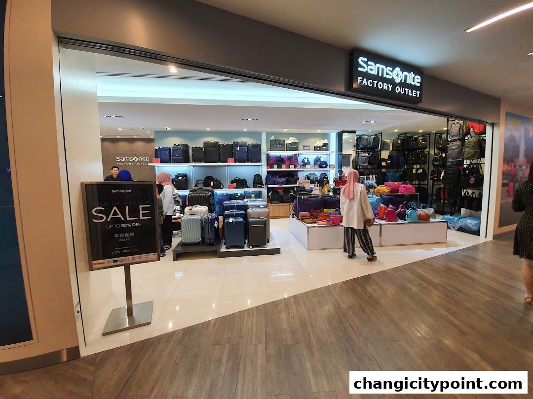 Samsonite Factory Outlet shop with luggage and bags on display, featuring a sale sign.