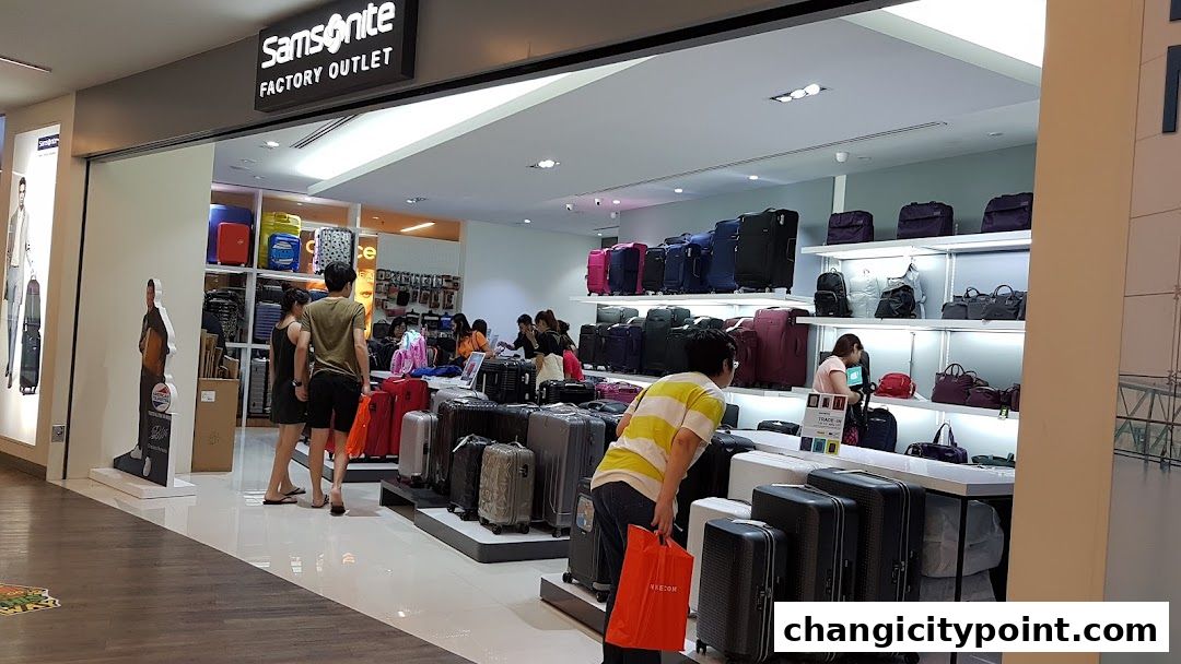 Samsonite Factory Outlet shop displaying a wide variety of luggage and bags.