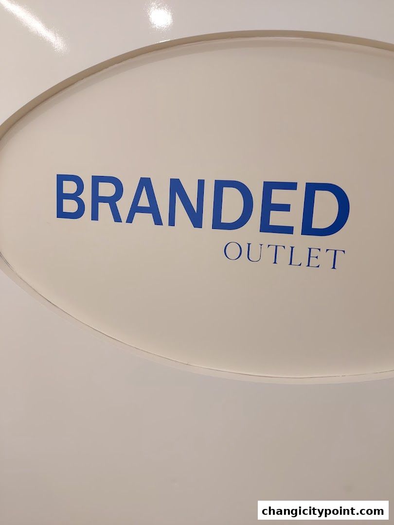 A sign reads 'BRANDED OUTLET' in blue lettering on a white background.