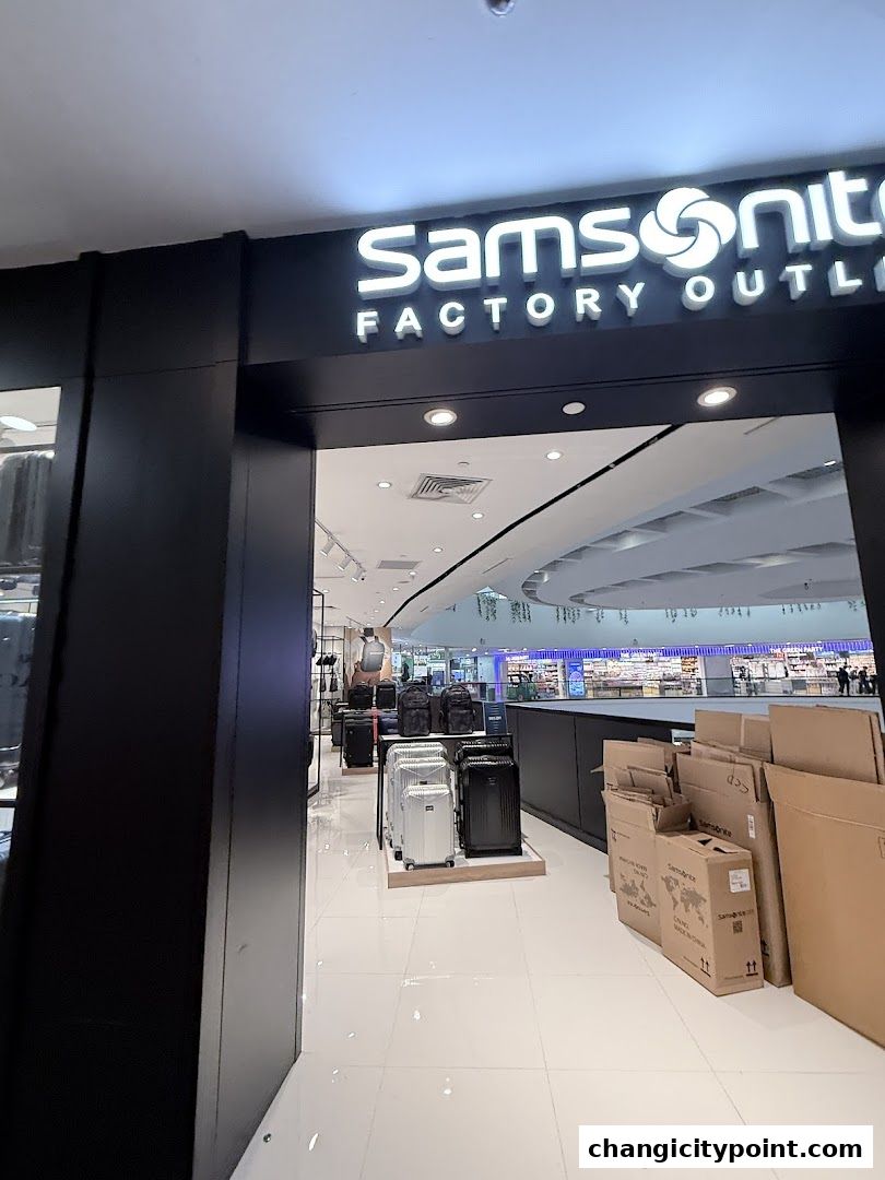 Entrance to Samsonite Factory Outlet with luggage displays and branded signage.