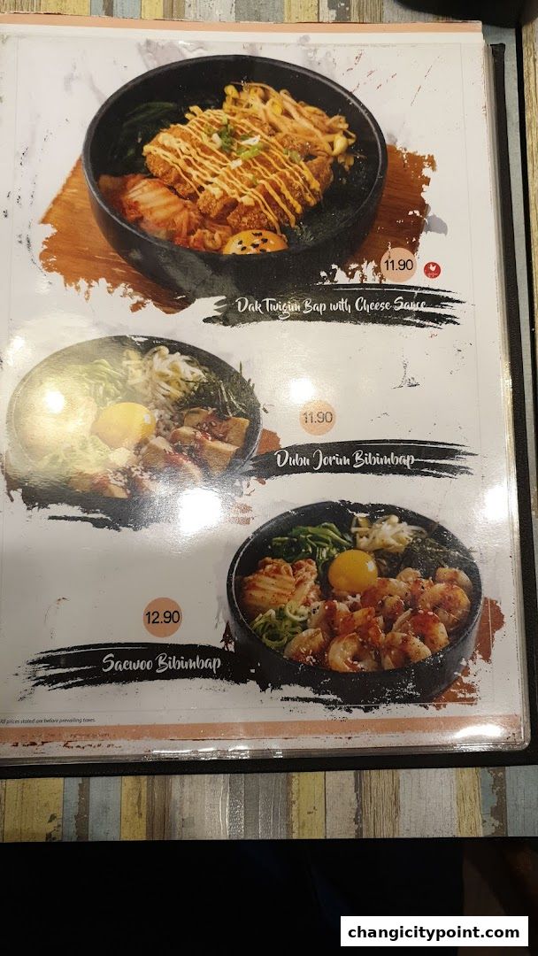A menu featuring three Korean dishes: Dak Twigim Bap, Dubu Jorim Bibimbap, and Saewoo Bibimbap.