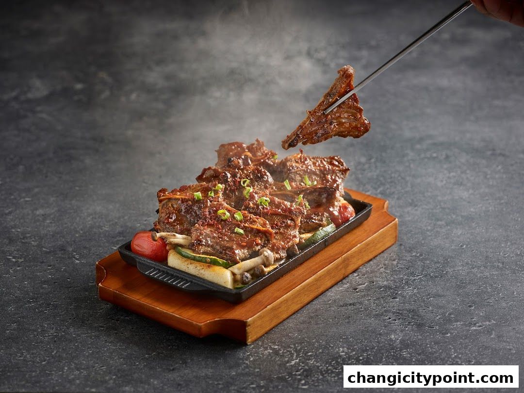 A sizzling hot plate of Korean BBQ ribs with vegetables, being picked up by chopsticks.