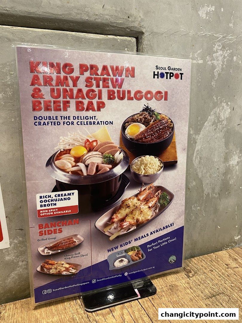 A menu board for Seoul Garden Hot Pot featuring King Prawn Army Stew & Unagi Bulgogi Beef Bap.