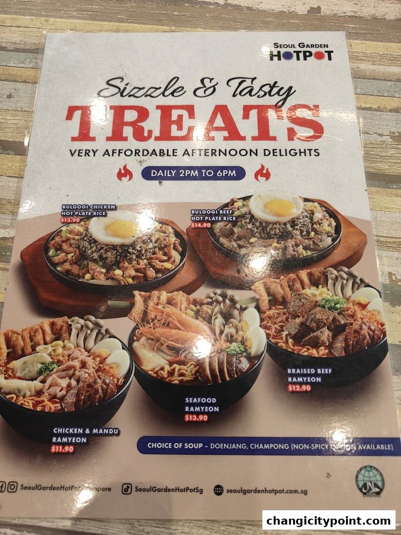 A menu featuring hot plate rice and ramyon dishes from Seoul Garden Hotpot.