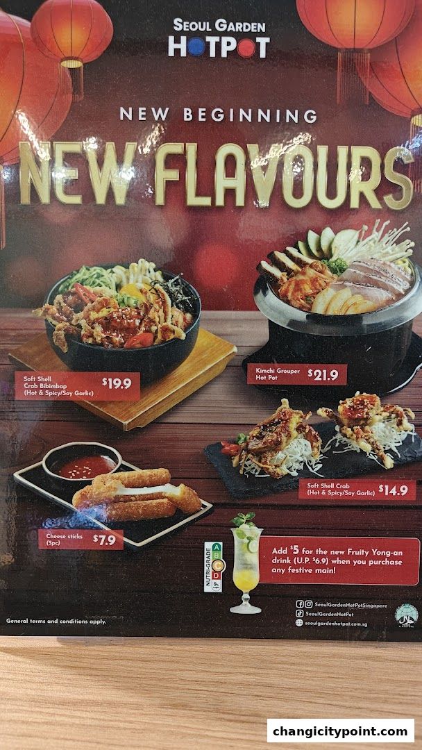 A menu showcasing new flavors from Seoul Garden Hot Pot, featuring various dishes and a drink offer.