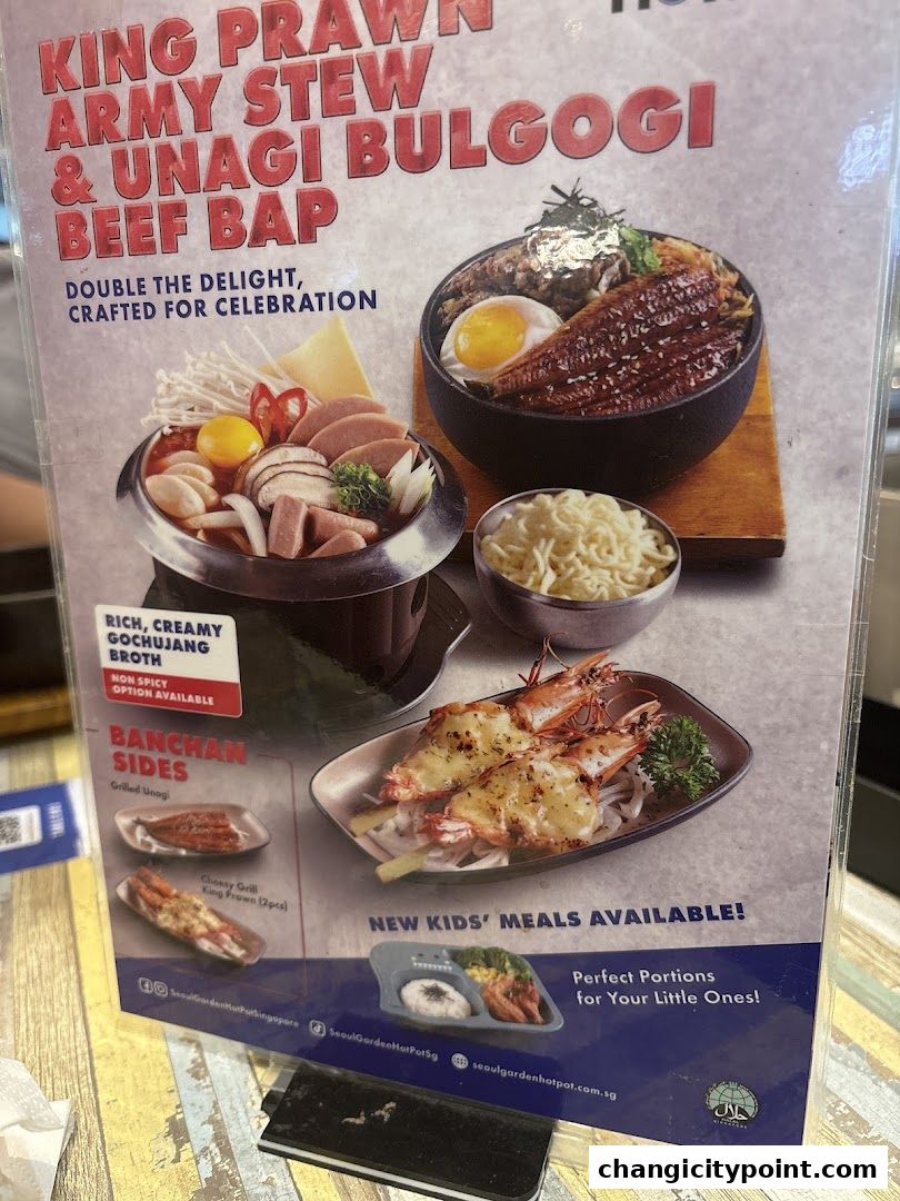 Menu featuring King Prawn Army Stew & Unagi Bulgogi Beef Bap with sides.