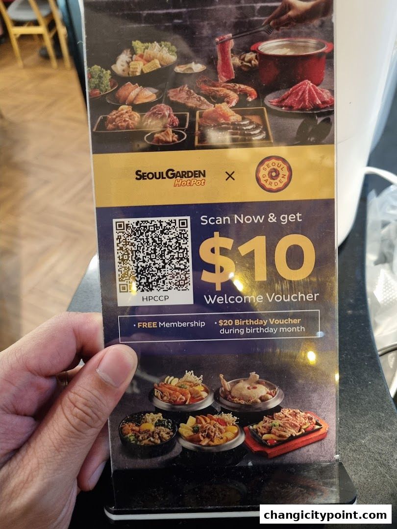 A flyer for Seoul Garden Hot Pot offering a $10 welcome voucher and membership benefits.
