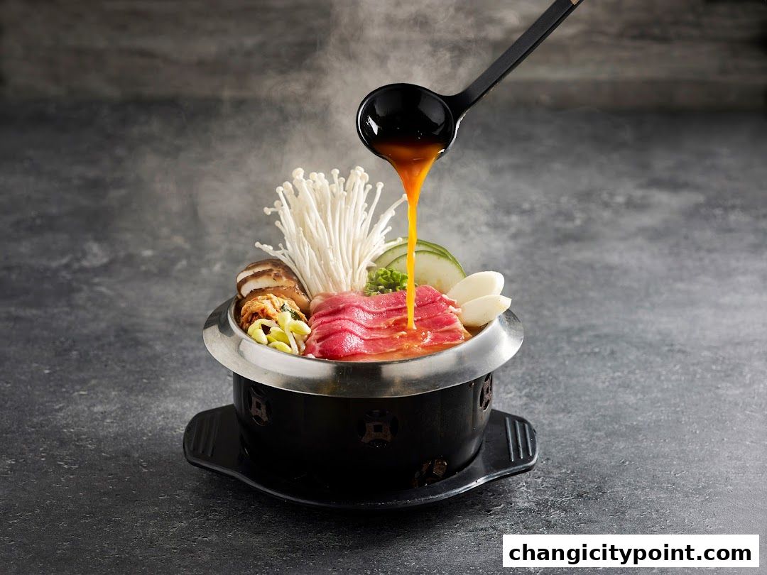 A steaming hot pot with meat, mushrooms, and vegetables being served.