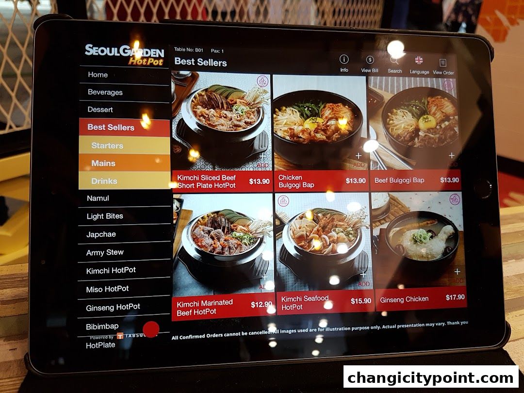 A tablet displaying the 'Best Sellers' menu for Seoul Garden Hot Pot.