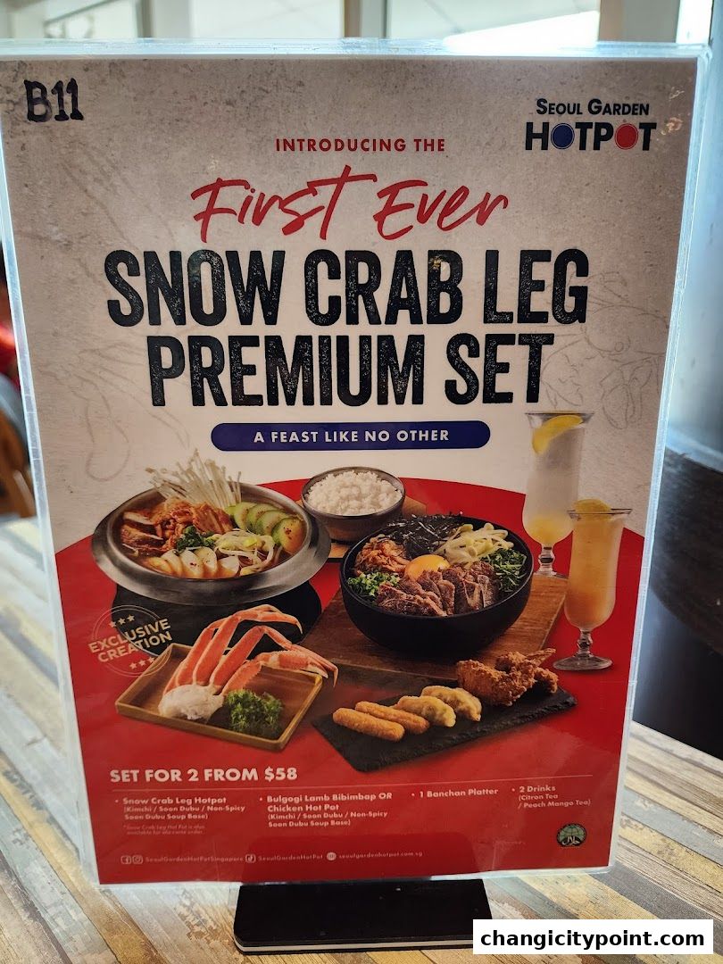 Promotional menu for Seoul Garden Hotpot's Snow Crab Leg Premium Set for two.