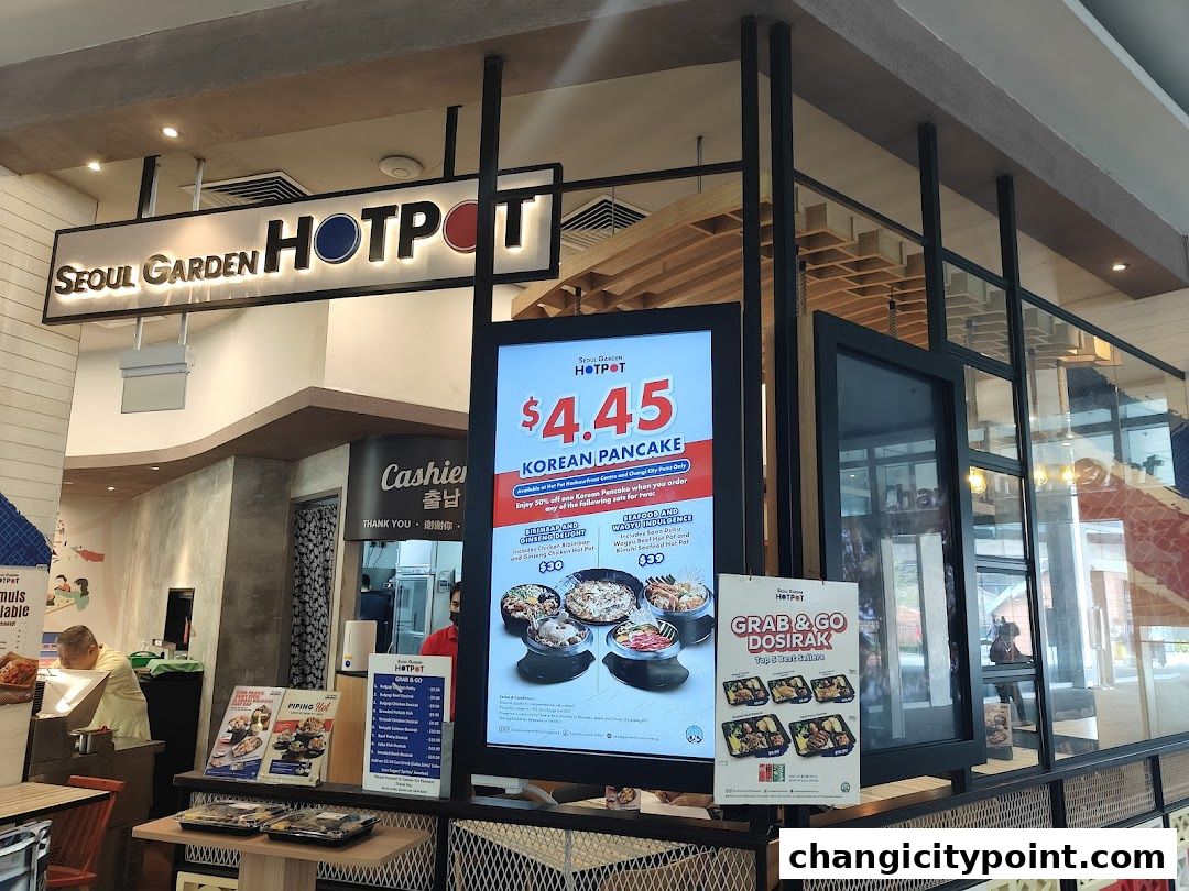Seoul Garden Hot Pot shop front with a promotional display for Korean Pancake and Grab & Go Dosirak.