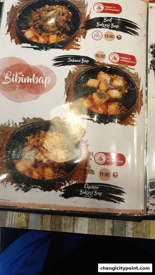 A menu page showcasing Korean Bibimbap dishes with prices and descriptions.