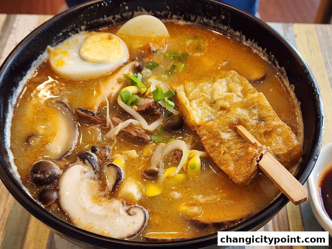 A steaming bowl of hot pot soup with egg, mushrooms, tofu, and meat.