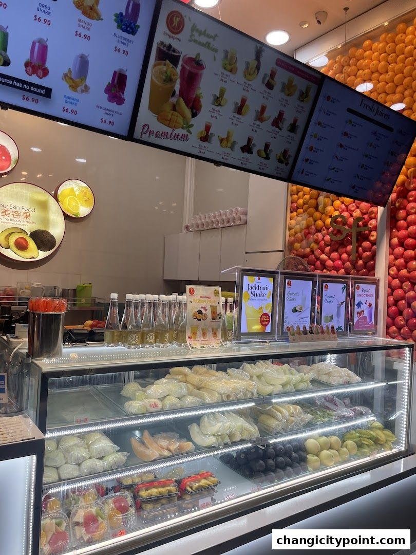 A fruit juice shop with a display of fresh fruits and a menu board showing various drinks.