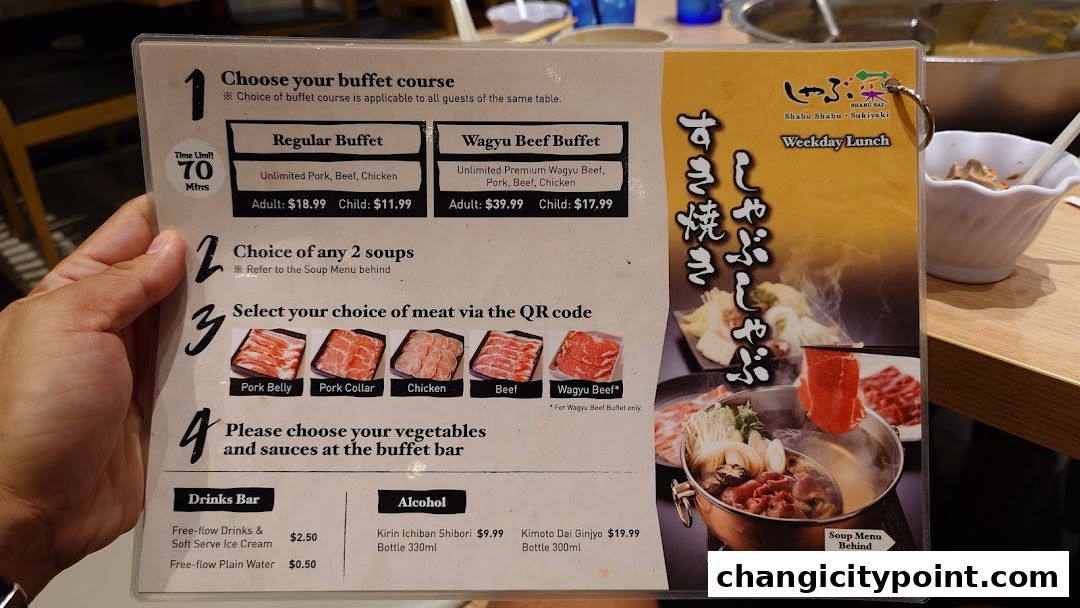 A menu for Shabu Sai offering buffet courses, meat selections, and drinks.