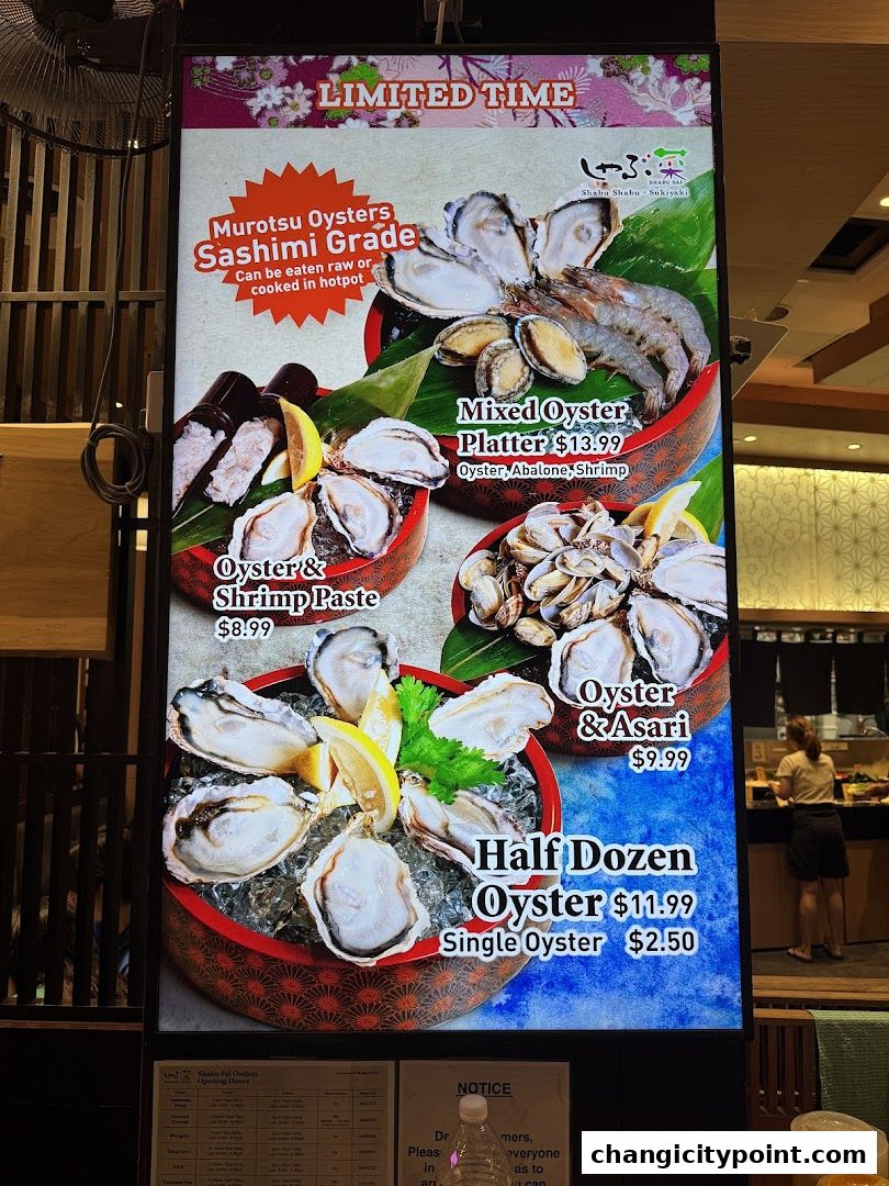 A vibrant display showcasing limited-time oyster and seafood offerings from Shabu Sai.