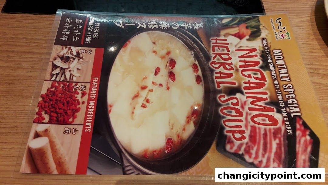 A menu featuring a monthly special NagaImo Herbal Soup with pork, chicken, yam, and herbs.