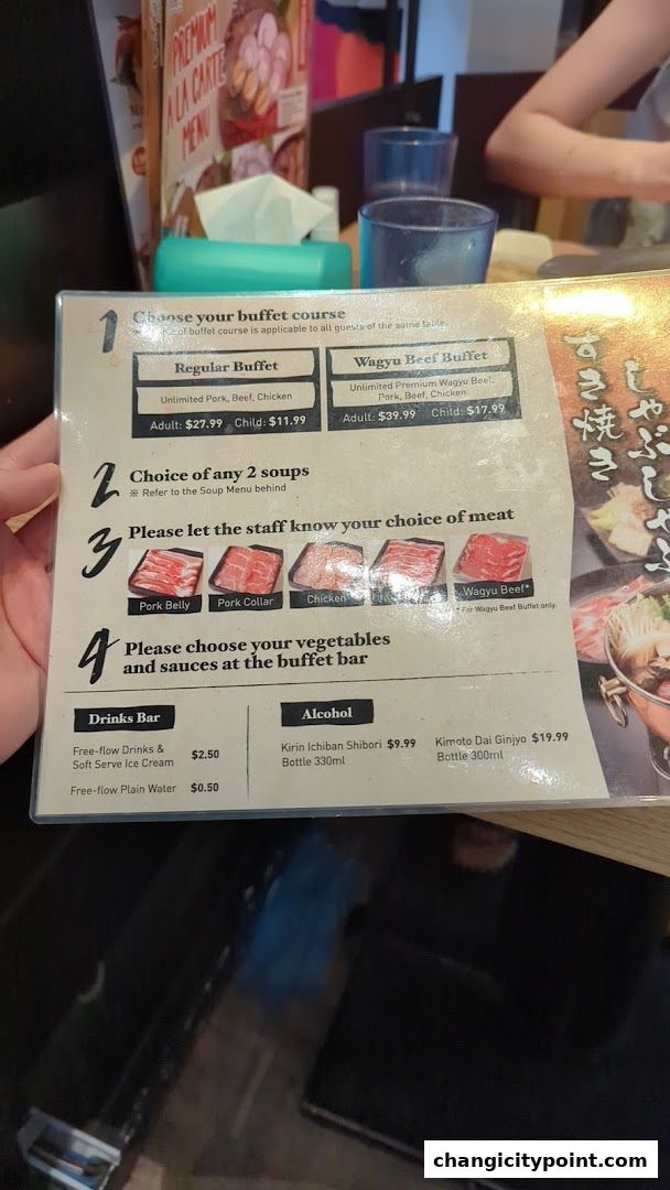 A menu for Shabu Sai offering regular and Wagyu beef buffet options with meat and drink choices.