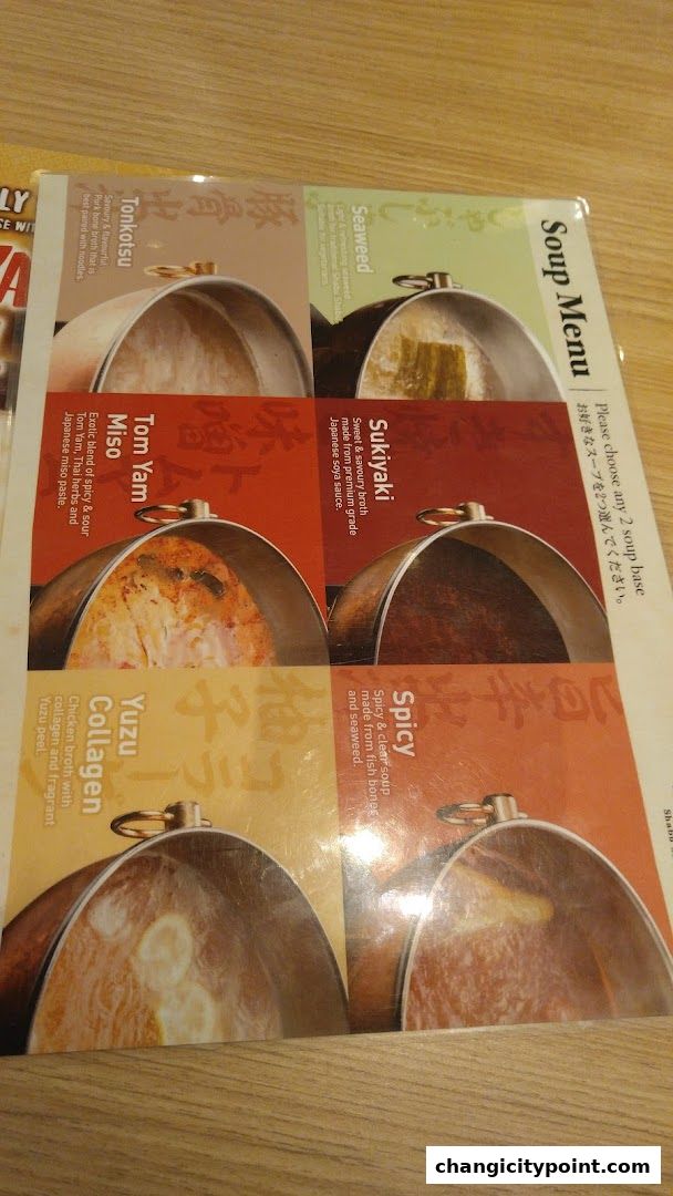 A menu showcasing various soup bases for Shabu Sai, with descriptions and images.