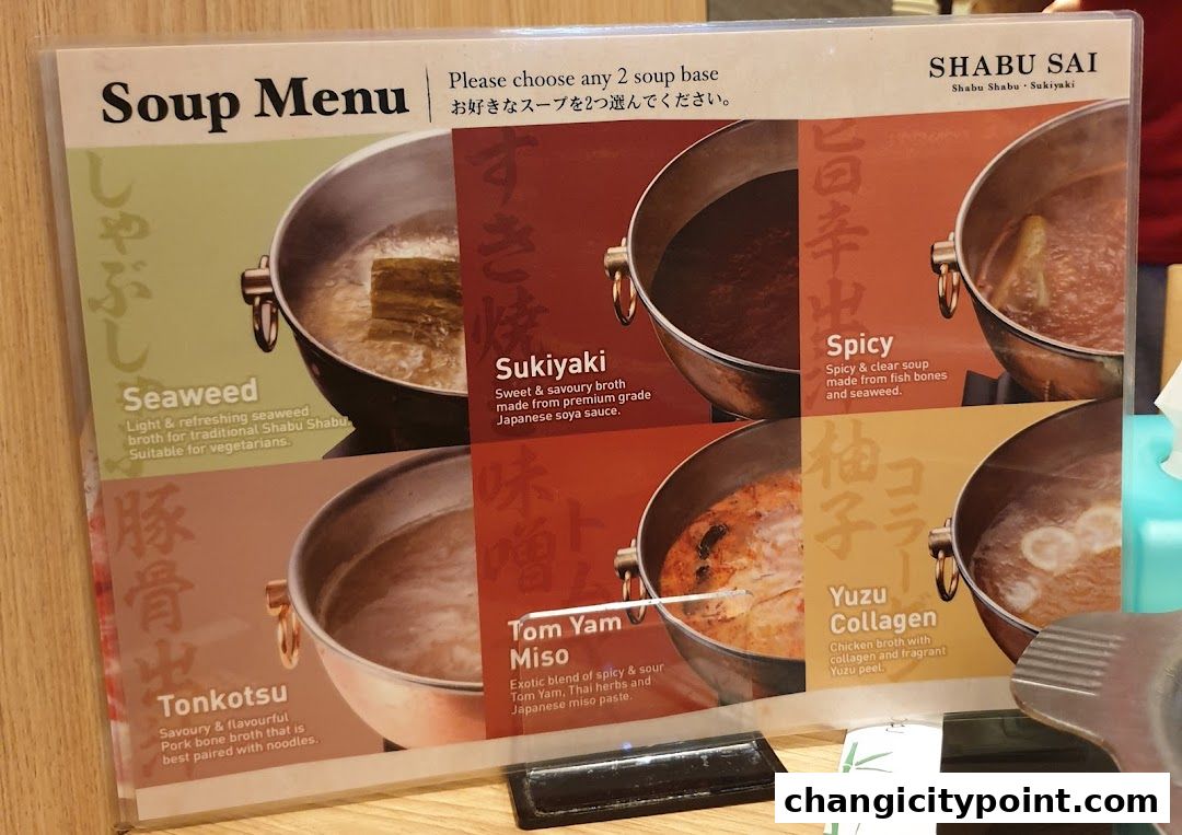 A soup menu from Shabu Sai, showcasing six different broth options with descriptions.