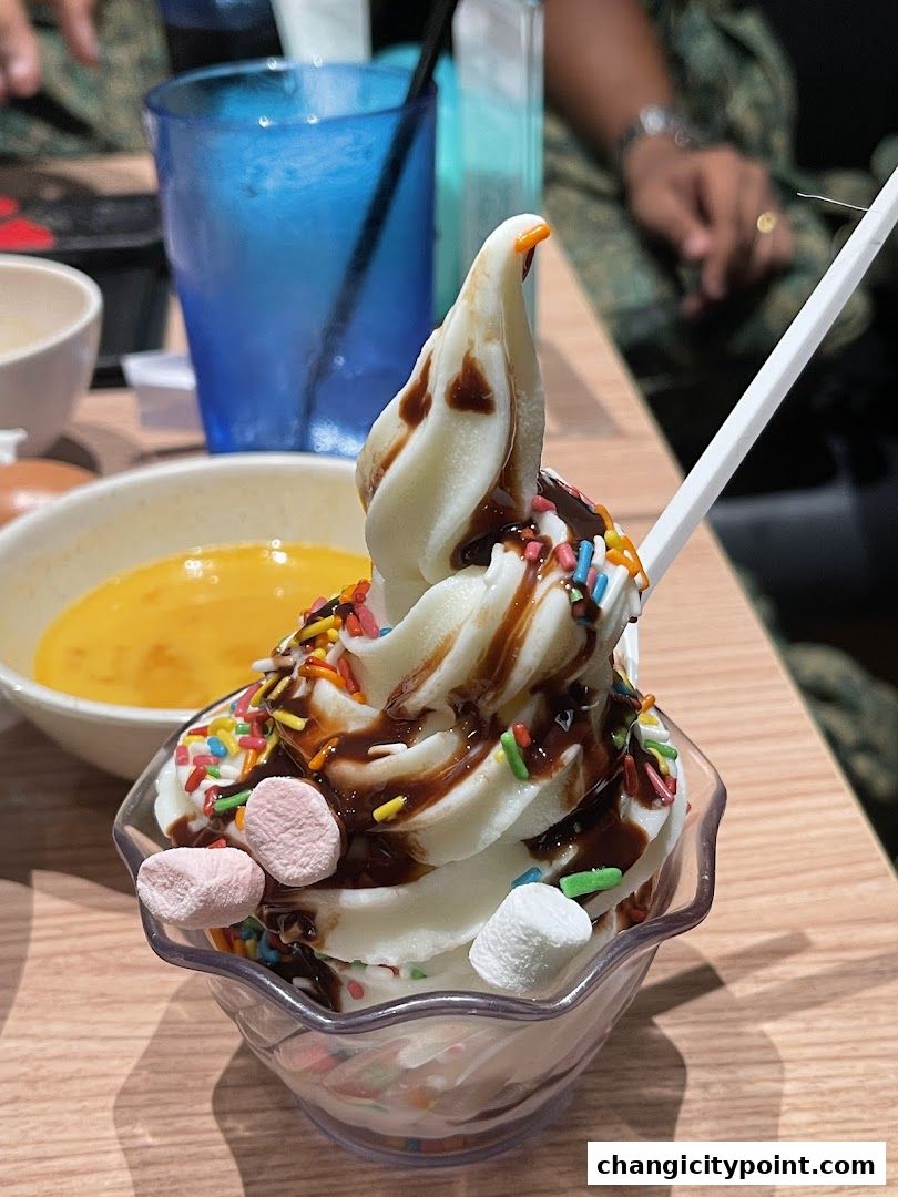 A soft-serve ice cream sundae with chocolate sauce, sprinkles, and marshmallows.
