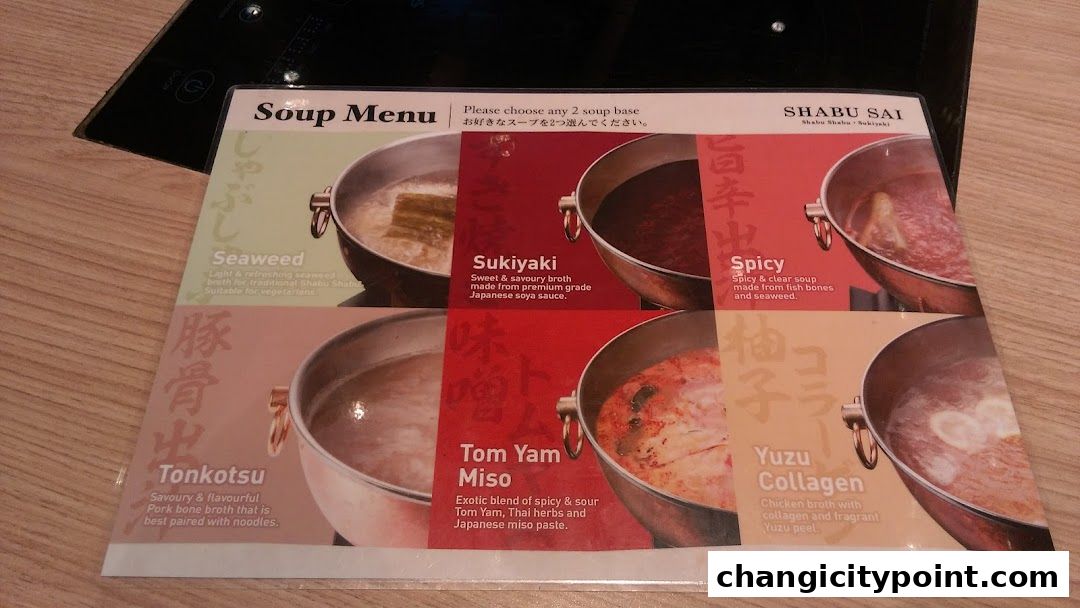 A menu displaying various soup bases for Shabu Shabu at Shabu Sai.