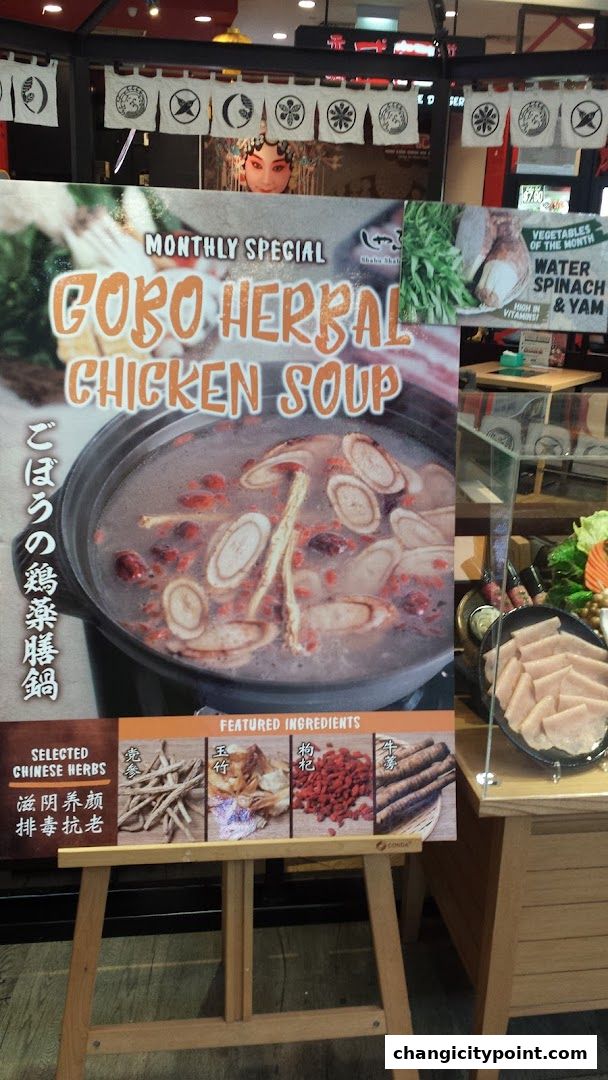 A monthly special advertisement for Gobo Herbal Chicken Soup at Shabu Sai.