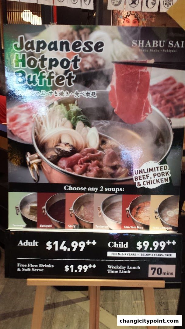 A menu board for Shabu Sai Japanese Hotpot Buffet, showcasing unlimited meats and soup options.